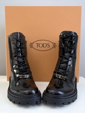 NEW $975 Tod’s Women’s Black Leather Combat Lace-Up Ankle Gomma Boots Italy 36 6